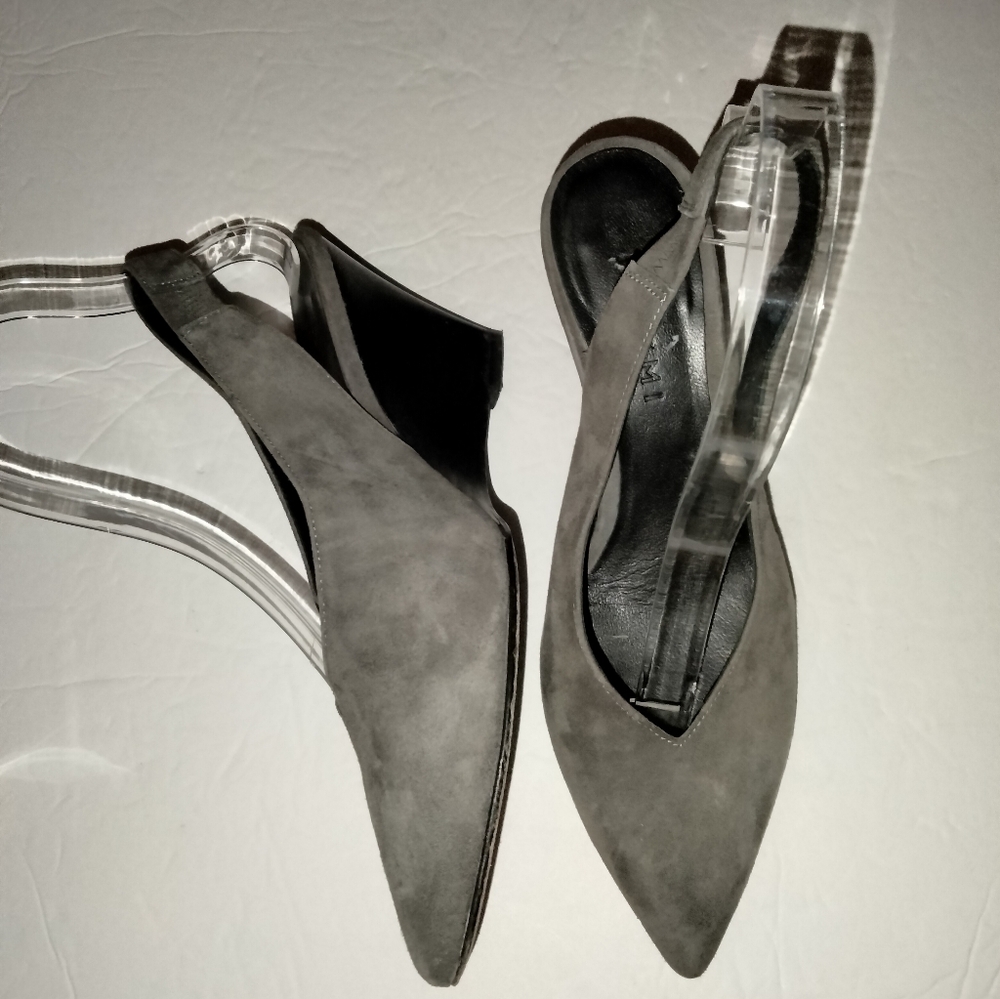 M. Gemi (Size 37.5) Gray Suede Texture Slip-on Pointed Toe Slingback Wedge Heels
